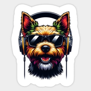 Norwich Terrier as Smiling DJ with Headphones and Sunglasses Sticker